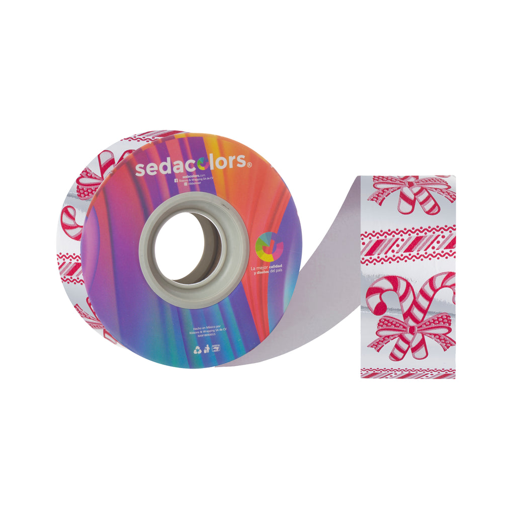 SILVER METALLIC CANDY CANES RIBBON